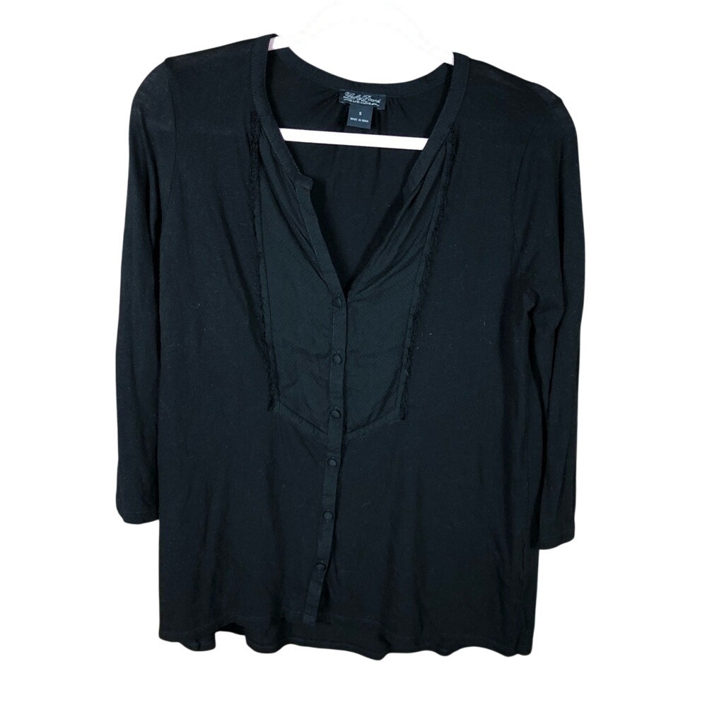 Lucky Brand Black Ruffle Trim Button Front Henley Top Womens‎ Small 3/4 Sleeve
